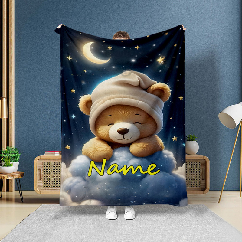 

Custom Name Bear & Moon Flannel Throw Blanket - Personalized Cartoon Animal Design, Soft Polyester Knitted, Digital Print Cozy Blanket For Bed And Sofa, Unique Birthday Gift For All Seasons