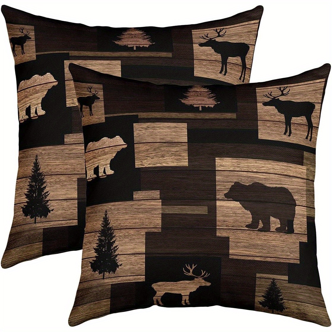 

2pcs Set Rustic Farmhouse Throw Pillow Covers 18x18 Inches - Vintage Moose & Bear Hunting Animal Design, Zip Closure, Machine Washable Polyester Cushion Cases For Home Decor