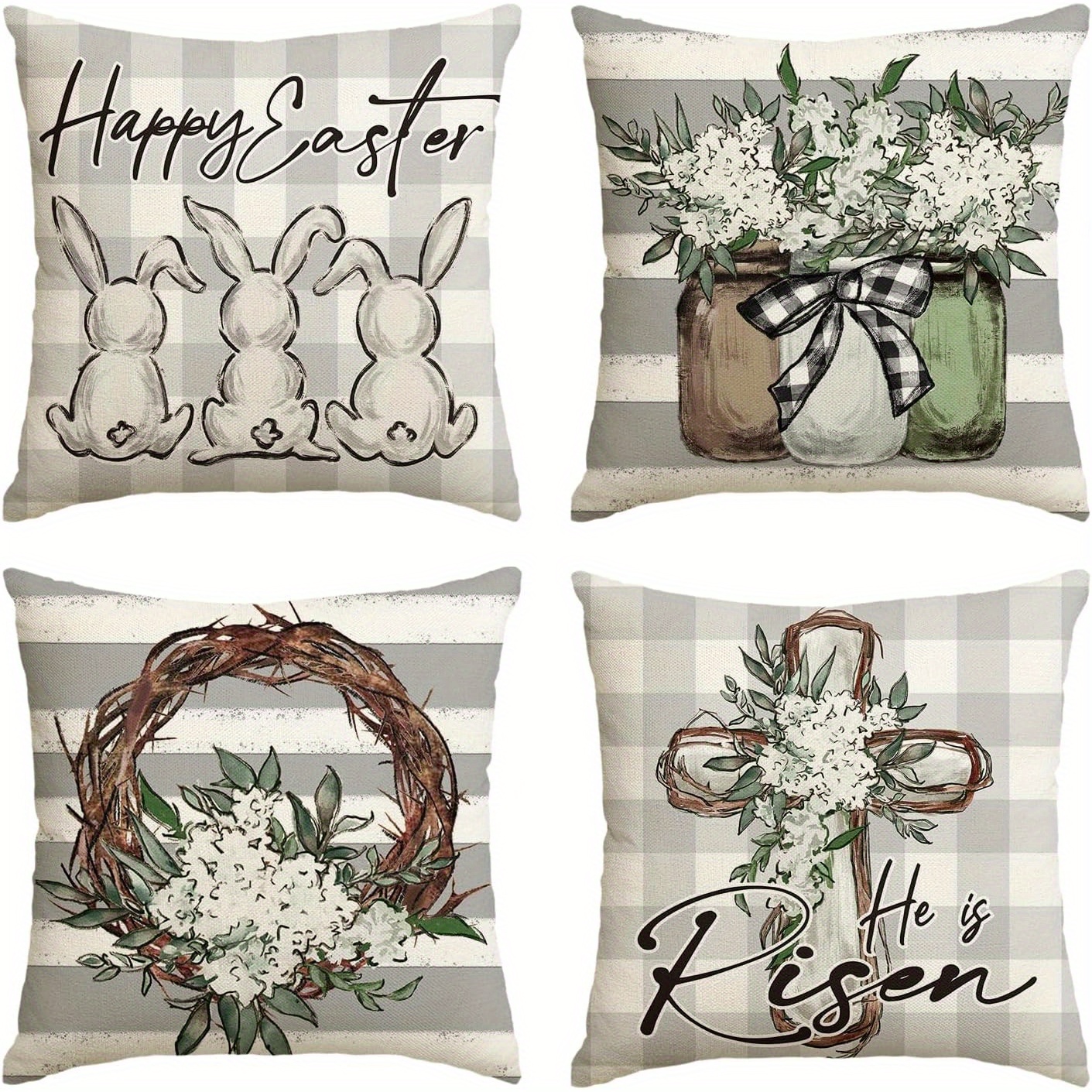 

Happy Easter He's Bunny Flower Throw Pillow Cover, 18 X 18 Inch Polka Dot Stripe Spring Gray Sofa Couch Cushion Cover 4