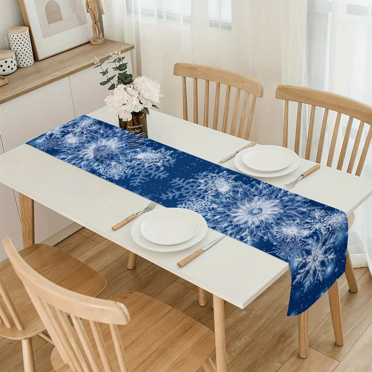

1pc Blue Christmas Table Runner - Polyester, Holiday Decor, Dining & Party Supplies