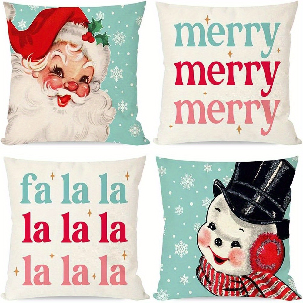 

Jit 4-pack Vintage Christmas Cushion Covers, 17.7x17.7 Inch, Santa Claus & Snowman Linen Throw Cases, Festive Farmhouse Home Decor For Various Room Types, Knit, Zippered, Machine Washable, No Insert