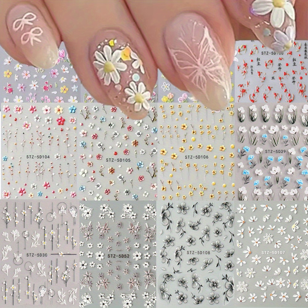 

12 Sheet 5d Embossed Daisy Art Stickers, Art Decals For Nail Art Decoration, Self Adhesive Nail Art Supplies For Women And Girls