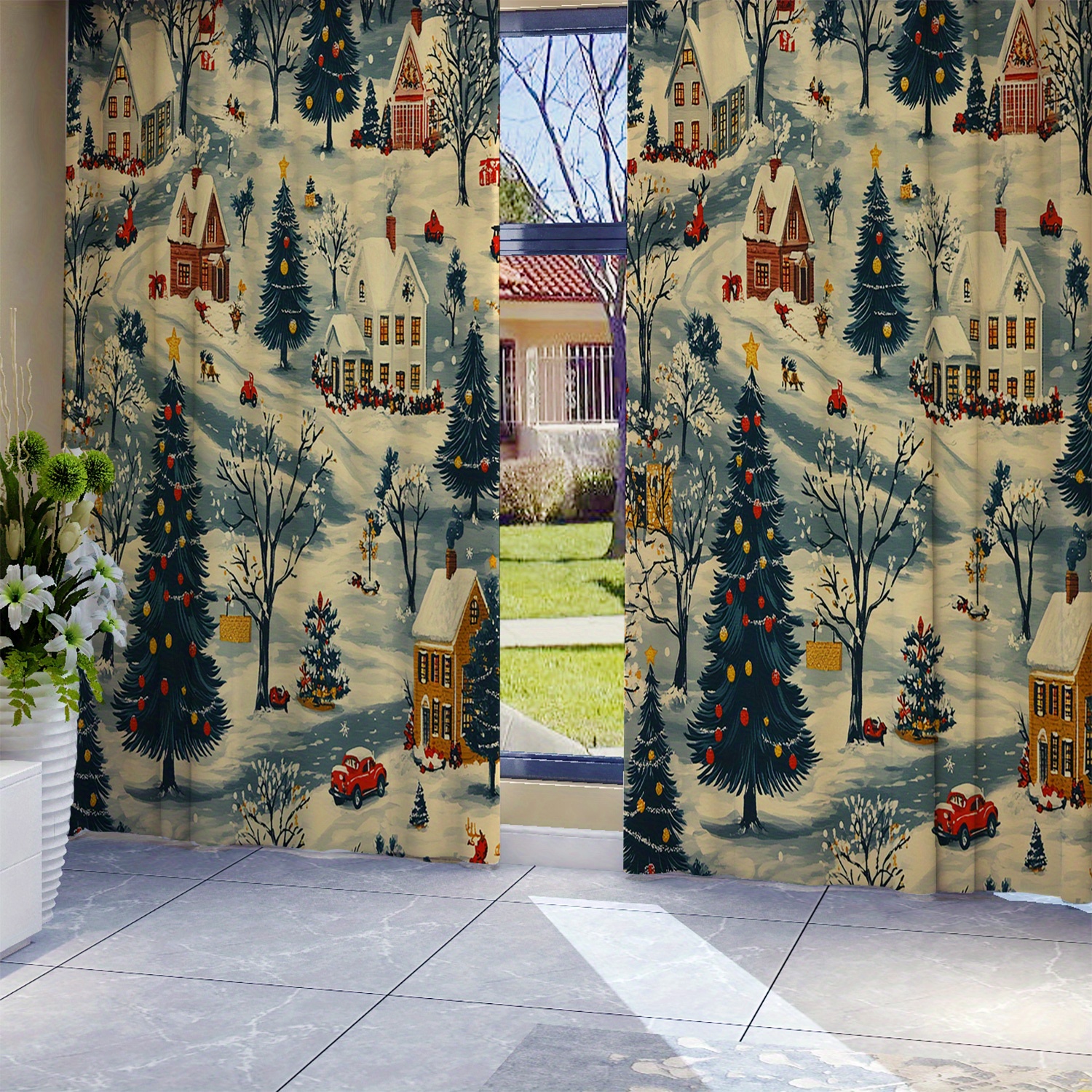 

2pcs, Universal Christmas Tree Print Curtains, Living Room Curtain Rod Pocket Curtains Living Room Furniture Decoration Home Decor