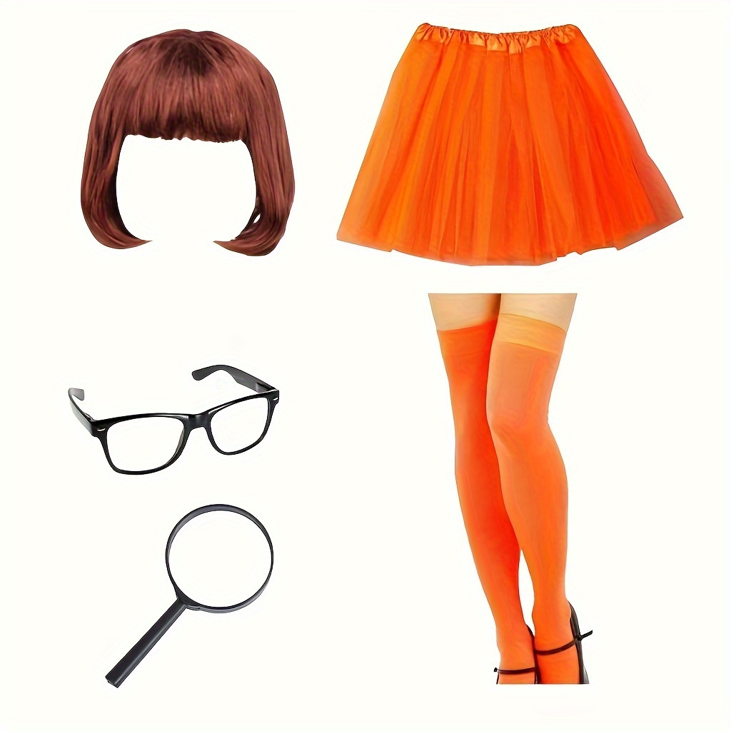 

5pcs Men's Halloween Costume Accessory Set - Polyester Material, Includes Wig, Glasses, Magnifying Glass, Socks, Skirt