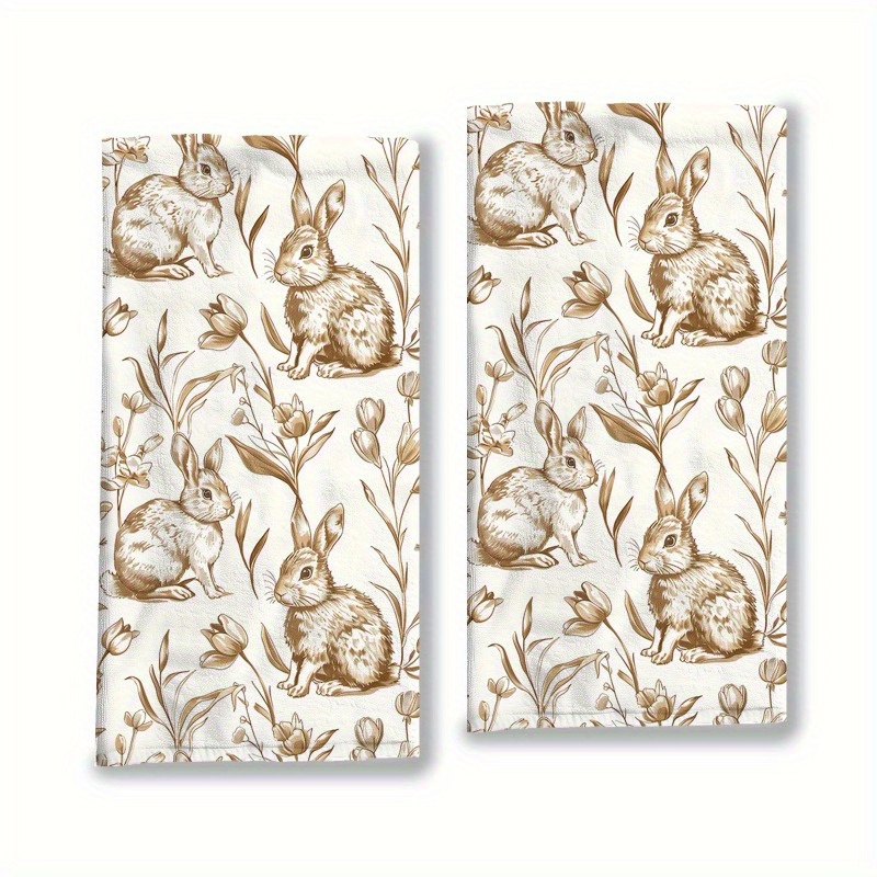 

2-piece Bunny Design Kitchen Towels - Woven Polyester, Soft Absorbent Dish Cloths, Modern Animal-themed Hand Towels For Bathroom, Spa, Housewarming Gift - Machine Washable, 18x26 Inches