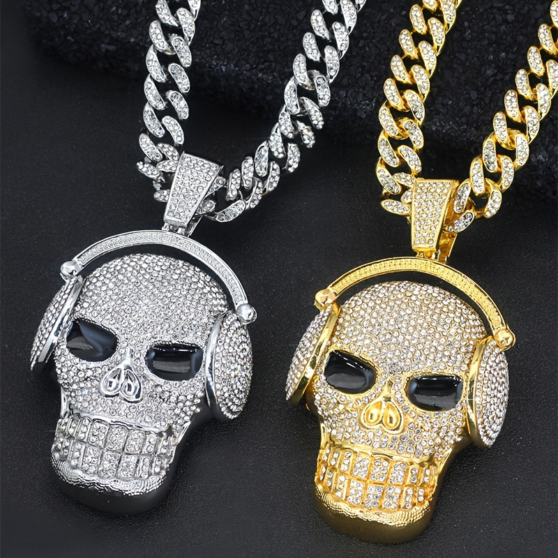 

2 Shiny Skull Earphone Pendants, With Ice Cuban Chain Miami Male And Female Hip-hop Pendant Necklace Jewelry Gift