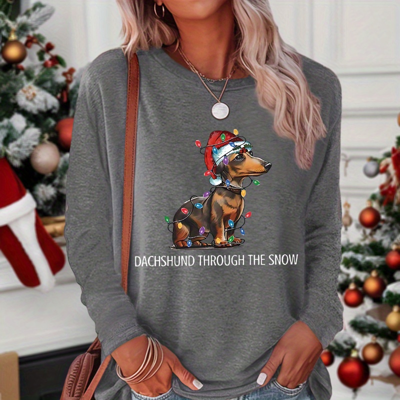 

Women's Christmas Dachshund Through The Snow Print Long Sleeve T-shirt - Casual Crew Neck Knit Top, Polyester Blend, Fall/winter Collection