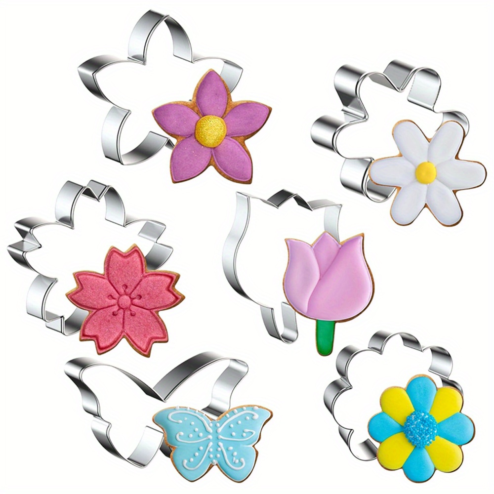 TEMU 6pcs Stainless Steel Cookie Cutters Flower And Cookie Cutter Set Diy Flowers Cookie Cutters Shapes Biscuit Fondant Molds Baking Tool