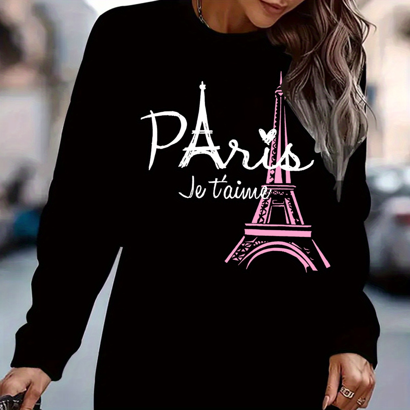 

Paris Print Sweatshirt Dress, Casual Crew Neck Long Sleeve Dress For Fall & Winter, Women's Clothing