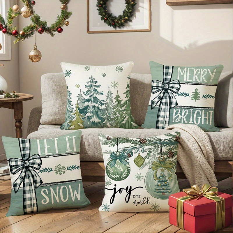 

4pcs, Green Christmas Tree Throw Pillow Covers - 18x18 Inches Design Case, Farmhouse Winter Decor, Decor For Rooms, Sofa Couch Decor, Machine Washable, Zipper Closure, Pillowcases Only