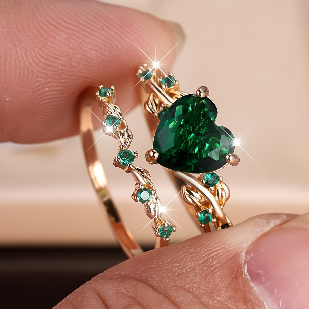 elegant 2pcs heart shaped green cubic zirconia wedding ring - Temu