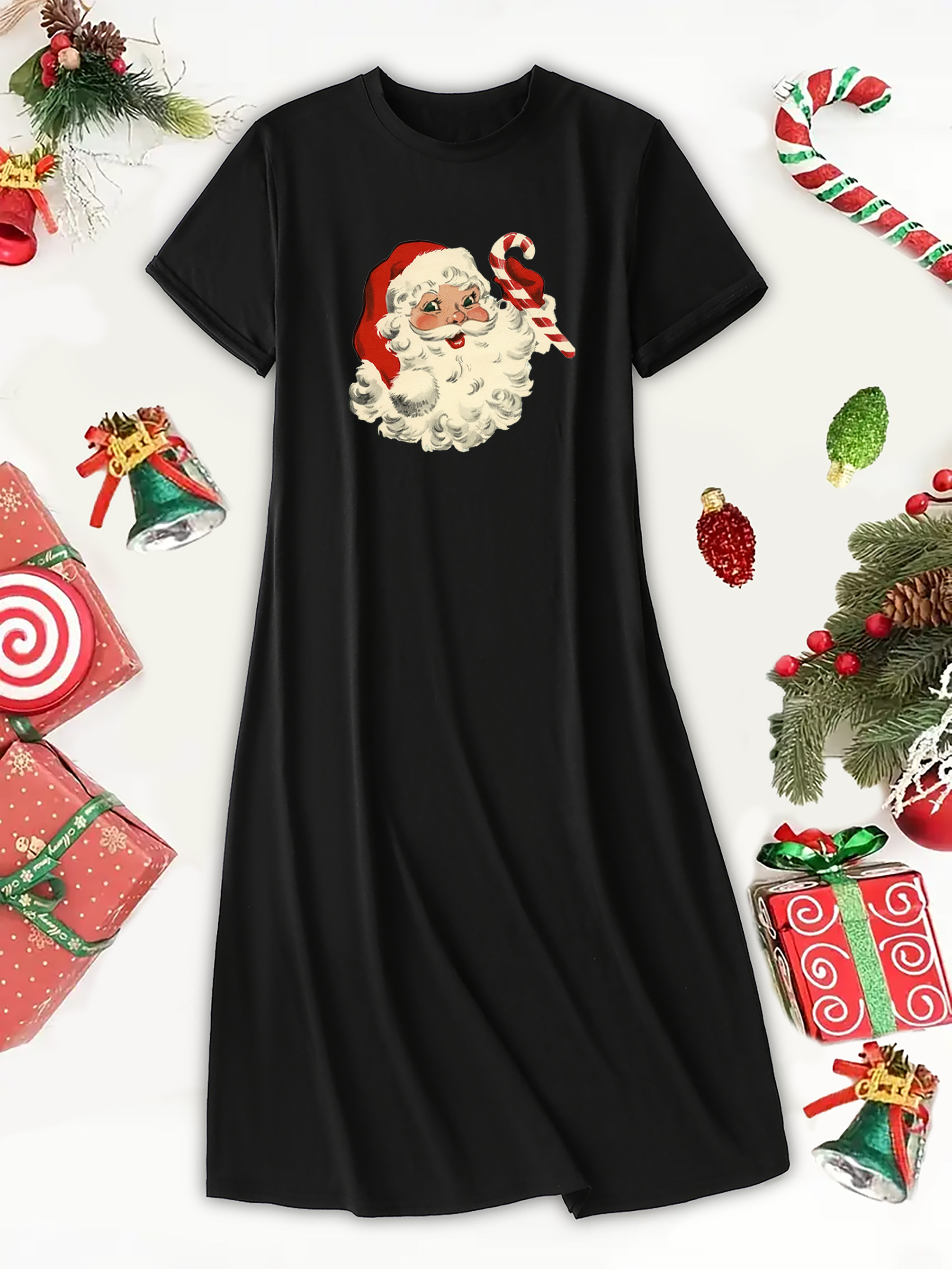 Women's Christmas Santa Claus Retro Print Dress Elegant Short Sleeve  Round Neck, Loose Fit A-Line Silhouette, Machine Washable Black D
