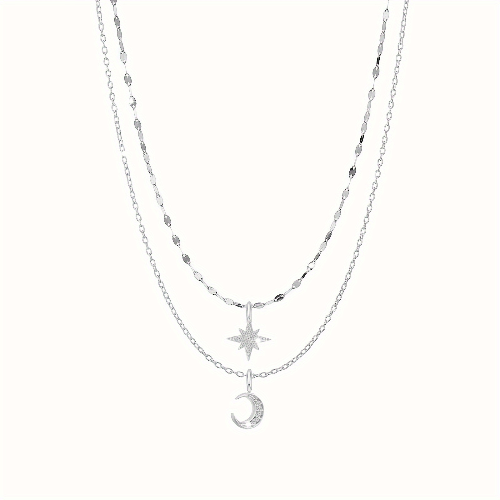 Women's 925 Sterling Silver Star & Moon Layered Necklace Set