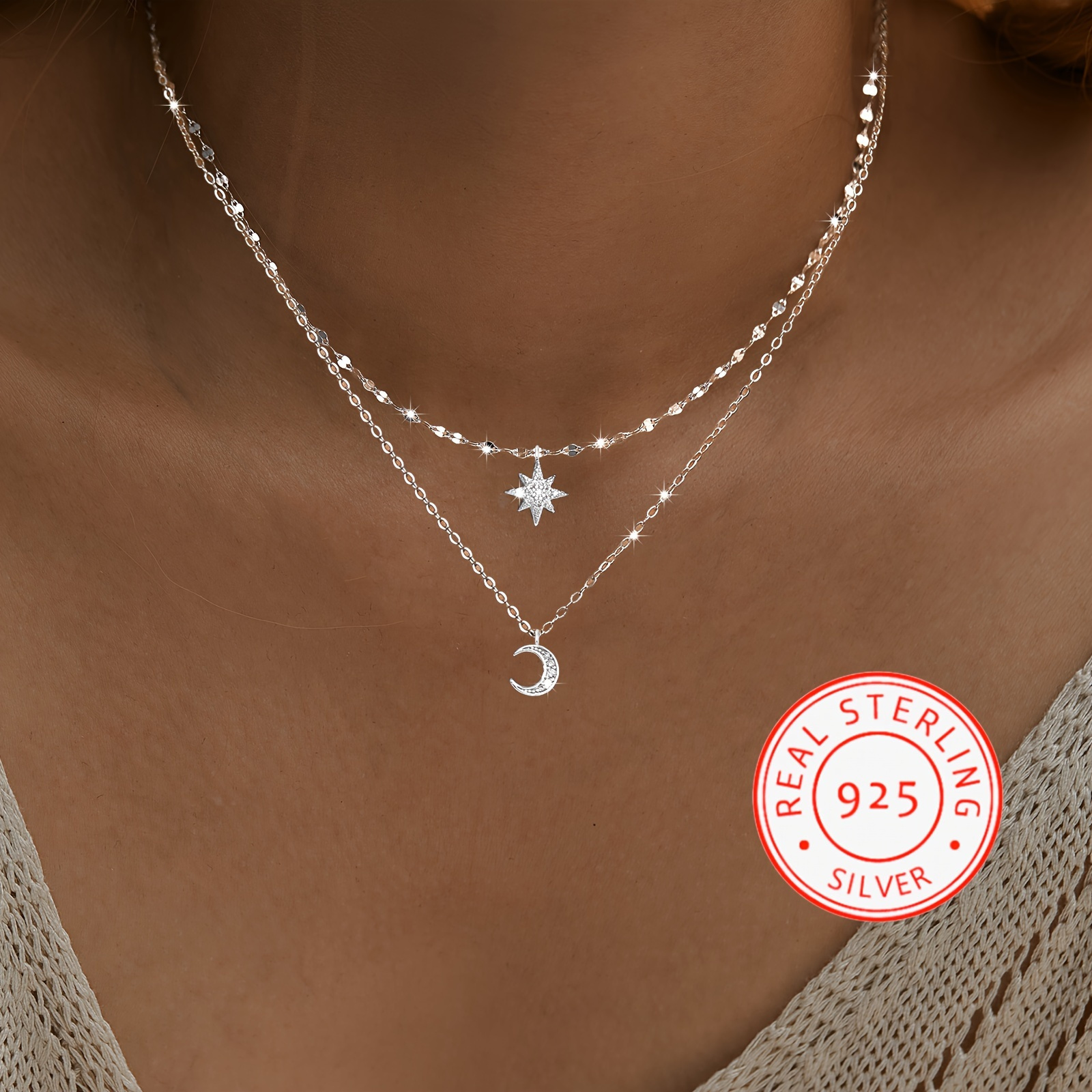 Women's 925 Sterling Silver Star & Moon Layered Necklace Set