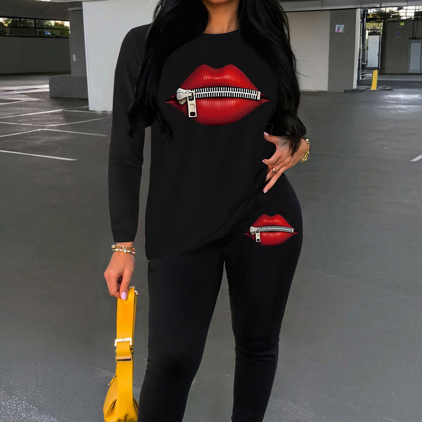 

Two-piece Set With Print, Long-sleeved T-shirt And Tight Pants, Women's Clothing