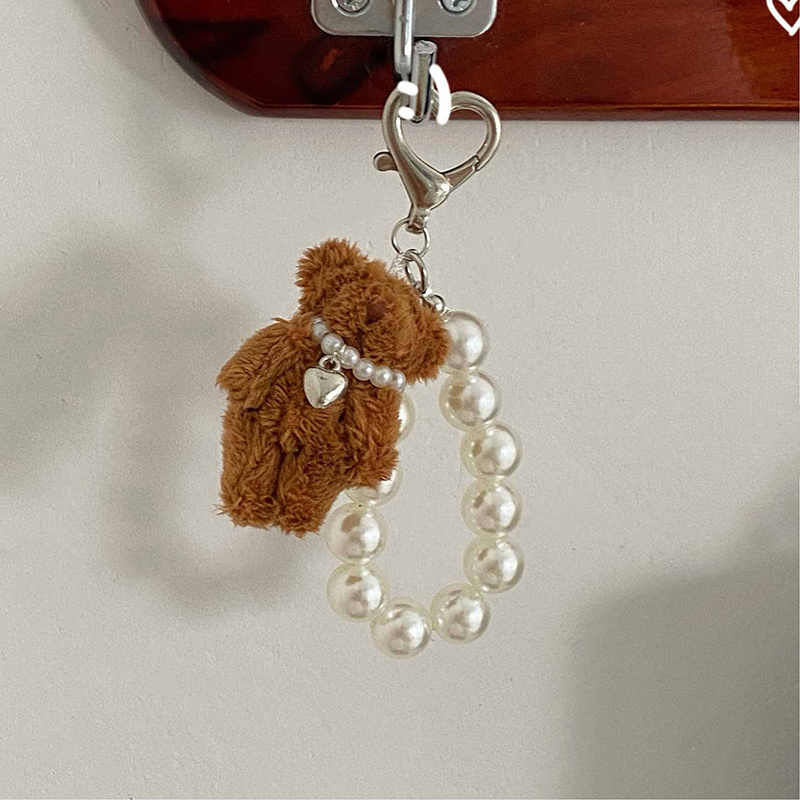 

Plush Teddy Bear Pearl Bracelets Cell Phone Chain Bag Charms Keychain Pendant Girl Heart Hanging Ornament