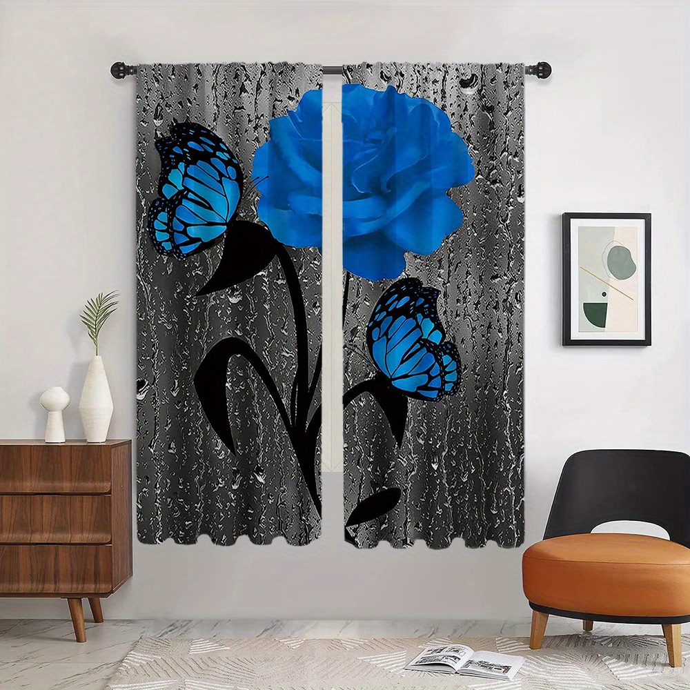 

2pcs, Jit And Butterfly Printed Curtains, Contemporary Style, Polyester Fiber, Machine Washable, Fashionable Knit, For Living Room, Bedroom, Kitchen, Office Decor
