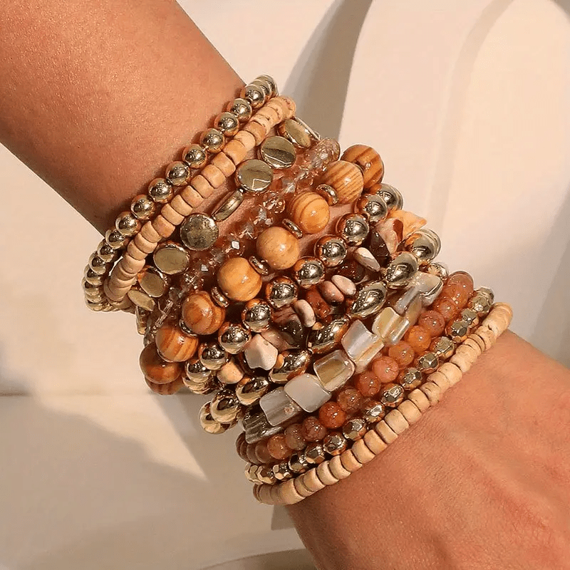 Image of Bohemian Beach Bracelet Set, 12pcs Beaded Resin Bracelets, Perfect For Daily Wear, Holidays, Gifts, Summer Parties, Wood Beads