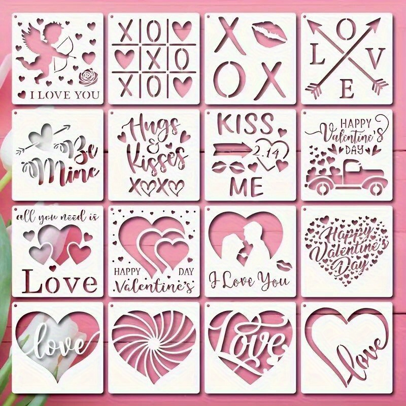 

16pcs Valentine's Day Plastic Stencils Set, Reusable Craft Templates For Diy Painting, Decorating, Drawing On Wood, Walls, Canvas, Floors, Furniture, Cakes