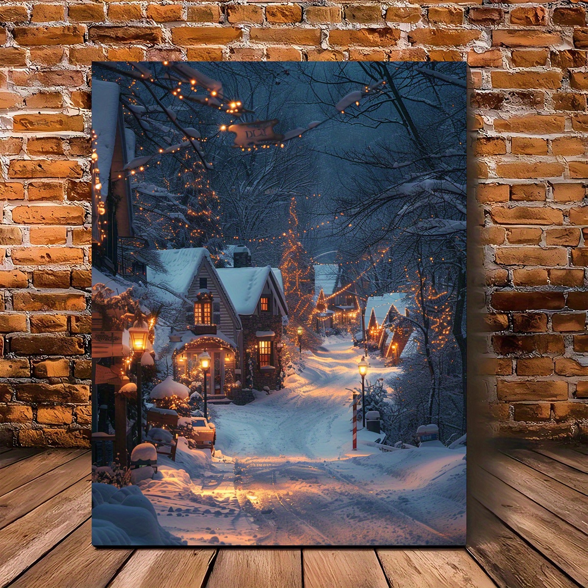 holiday charm vintage snowy   canvas art with lanterns twinkling lights wooden framed wall decor for living room   christmas halloween thanksgiving and carnival celebrations 11 8x15 7 inches   room decor 0