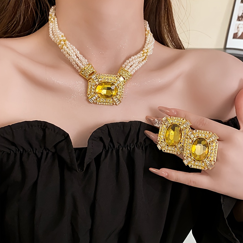 

Multi Layer Artificial Pearl And Square Rhinestone Pendant Necklace Earrings 2-piece Set