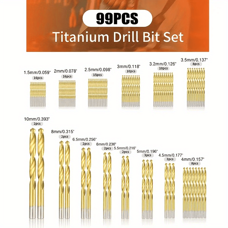 

99pcs Titanium Coated Drill Bit Set, 135 Degree Tip Steel Drill Bit Set, With Steel, Aluminum, Copper, Soft Alloy Steel, Wood, Plastic Shell