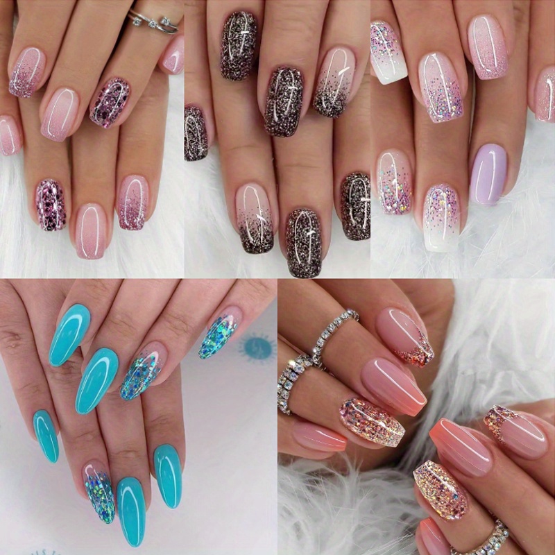 TEMU 120pcs (5pcs) Medium Square Gloss Fake Nail Gradient Glitter Shining Powder Fake Nail Gloss Full Set Adhesive Nail Acrylic Reusable Artificial Adhesive Nail