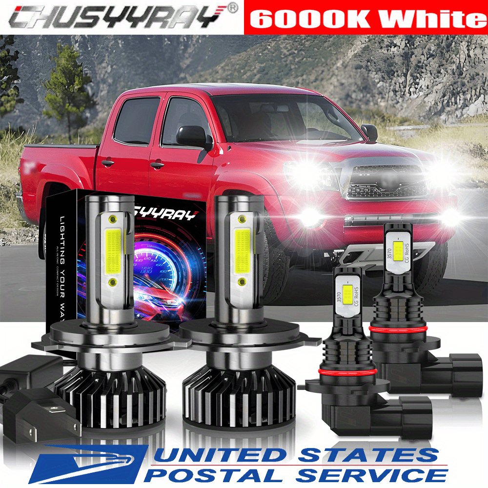 

Led Headlight+fog Light Bulbs Combo H4 9005 Fit For Toyota Tacoma 2005-2011 Two-sided Cob Chip 70w 27000lm 6000k Cold White, Pack Of 4