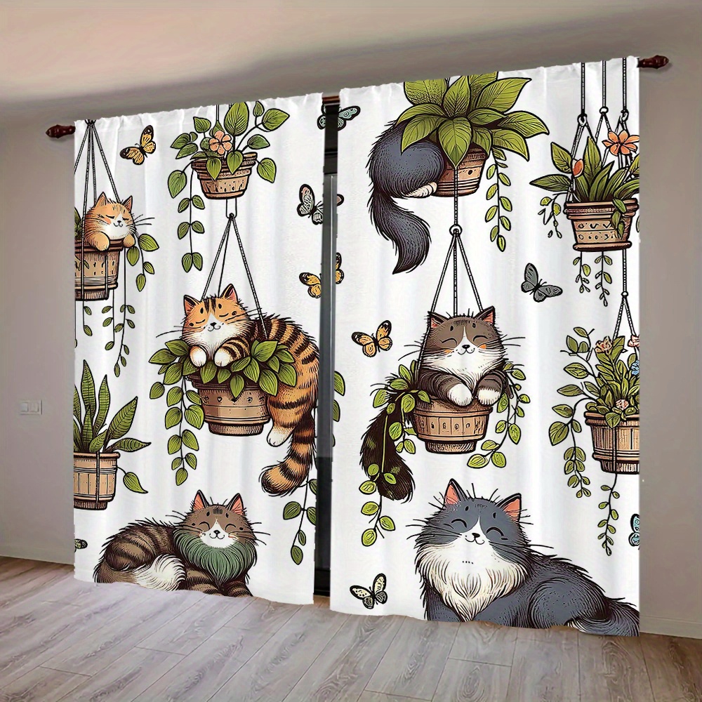 

2-pack Contemporary Cute Cat Print Doorway Curtains – Polyester Knit Fashion Drapes For Living Room, Bedroom, Kitchen, Office - Easy Machine Wash, No Accessory Included