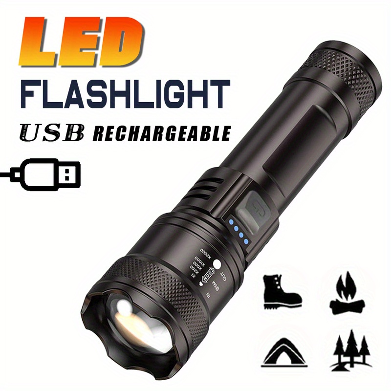 usb rechargeable led flashlight portable zoomable torch with power display outdoor camping hiking fishing