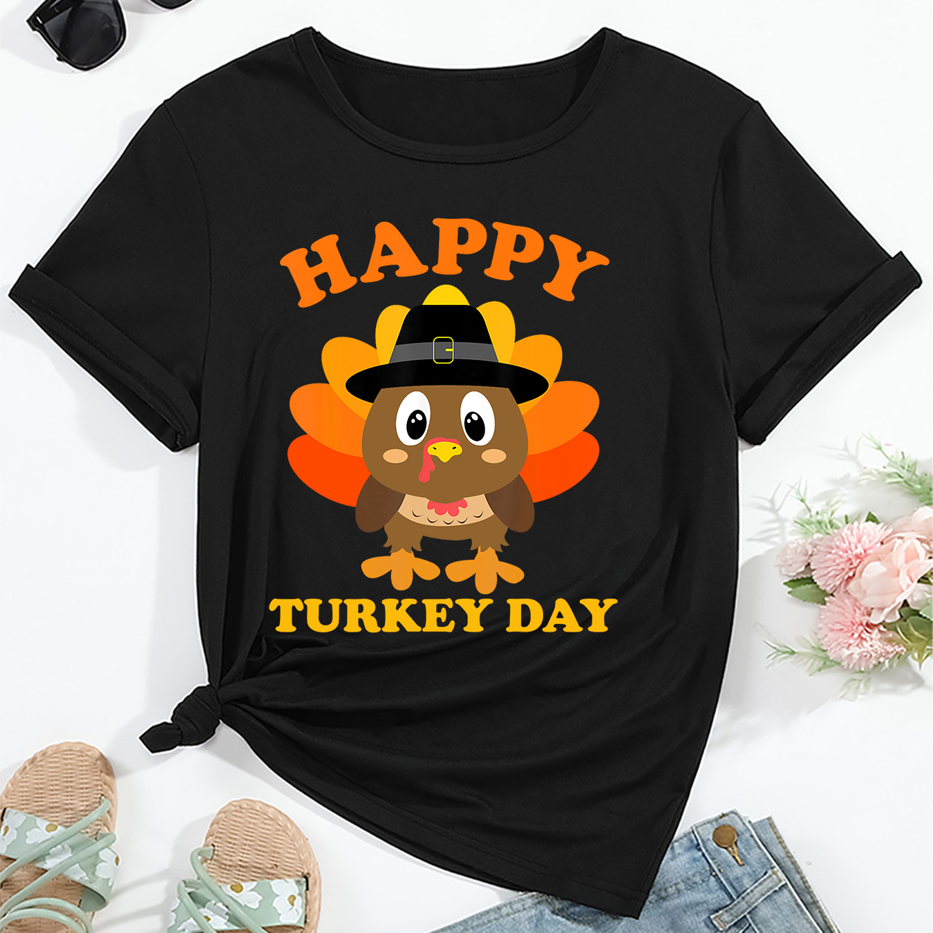 

Happy Turkey Day Cartoon Neck T-shirt - Casual Polyester Knit Fabric With Elastane, Short Sleeve, Regular Fit Pullover For