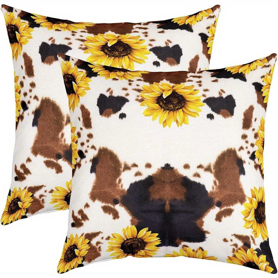 

2pcs Set Cow Print & Sunflower Throw Pillow Covers, 18x18 Inches - Zippered Polyester Cushion Cases For Home Decor, Machine Washable, Leather, Bedroom Decor