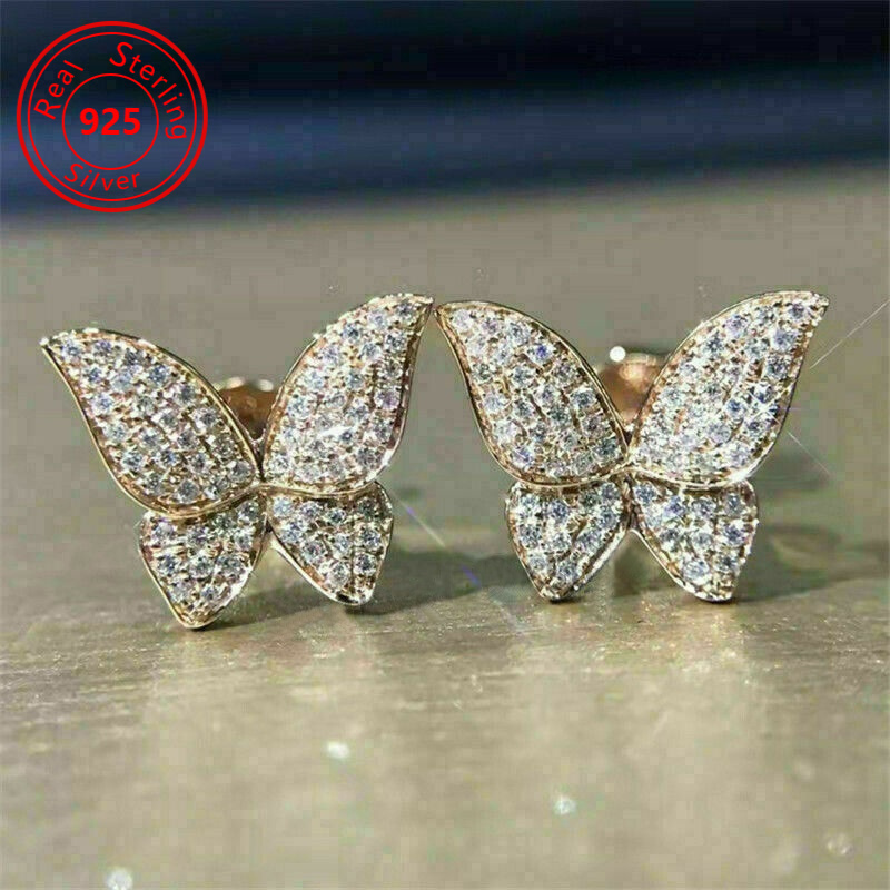 

1 Pair Of 925 Sterling Silver Butterfly Imitation Zircon Stud Earrings - Sparkling Imitation Zircon Feminine Jewelry - Perfect For Birthday, Holiday And Party Jewelry