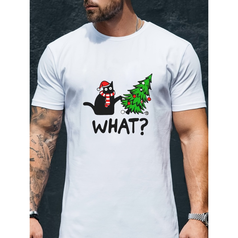 

Christmas Casual Polyester T-shirt For Men - Crew Neck, Short Sleeve, Regular Fit With Medium Stretch, Summer Knit Fabric Top With Festive Cat And Tree Print