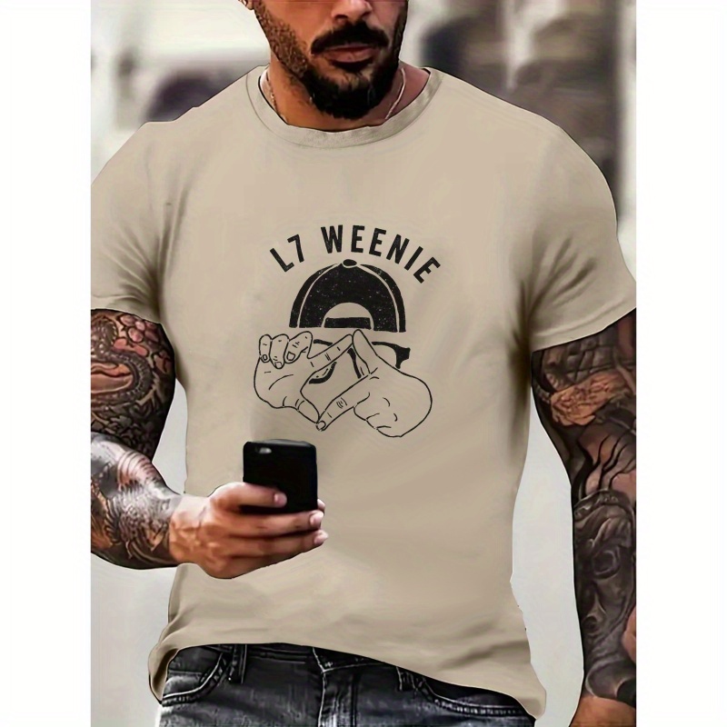 

L7 Weenie Gesture Print Men's T-shirt - 100% Polyester Crew Neck Casual Tee With Medium Stretch, Regular Fit Short Sleeve - Summer, Knit Fabric Pullover For