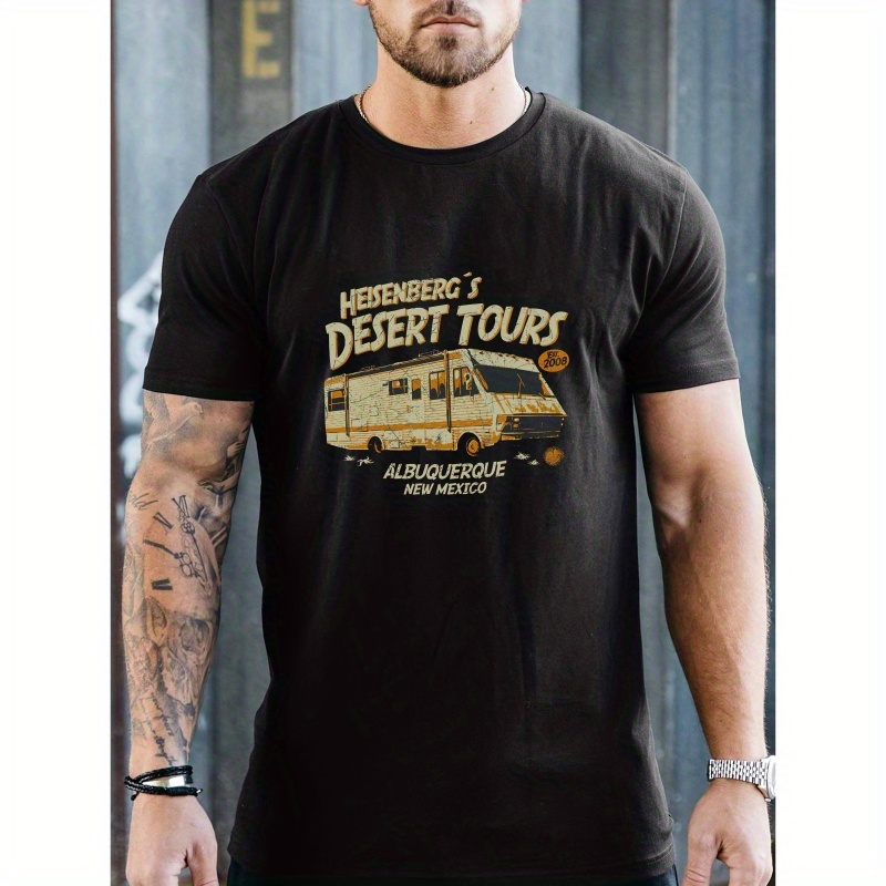 

Men's Desert Tours Print Short Sleeve T-shirts, Comfy Casual Crew Neck Tops For Men's Outdoor Activities