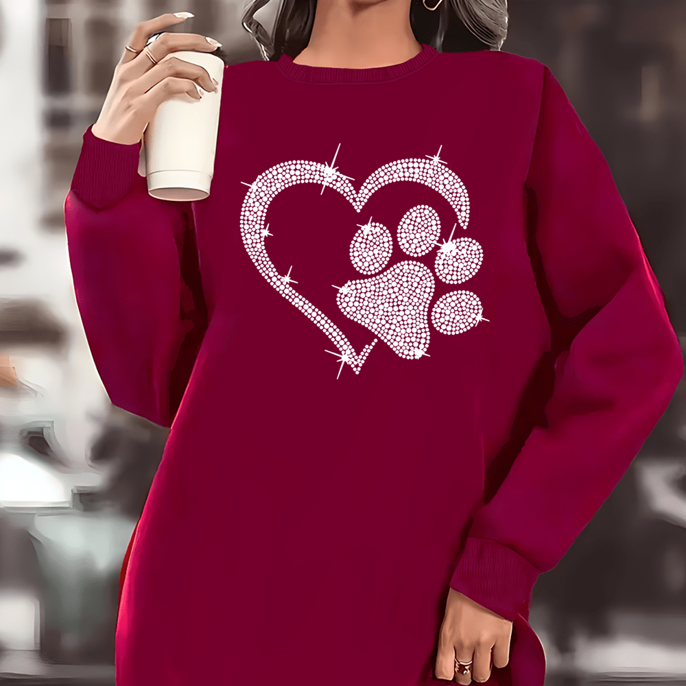 

Plus Size Heart-shaped & Paw Print Sweatshirt Dress, Casual Fleece Lined Long Sleeve Crew Neck Dress For Fall & Winter, Women's Plus Size Clothing