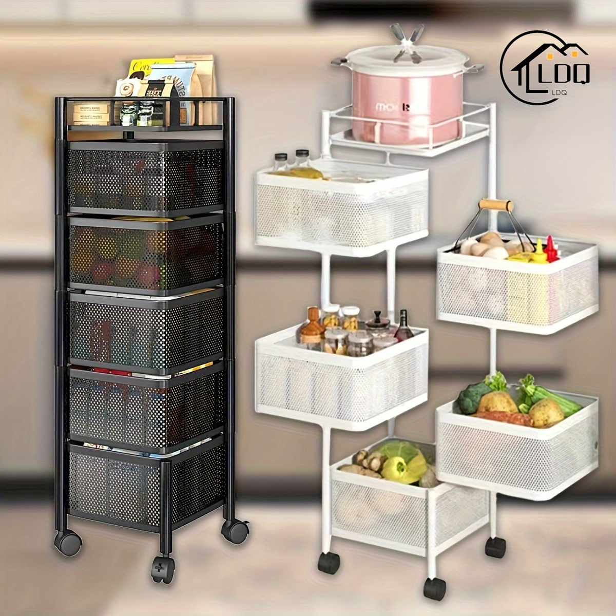 

5-tier Adjustable Metal Rolling Storage Cart With Swivel Baskets - Kitchen Organization, Shelf Baskets