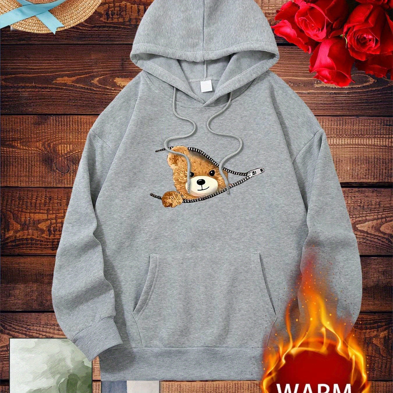 

Women's Hooded Sweatshirt, Cartoon Teddy , Warm Fleece Lined, Casual Pullover With Kangaroo Pocket, Polyester Knit, , Adult Sizes, Fashionable Sportswear