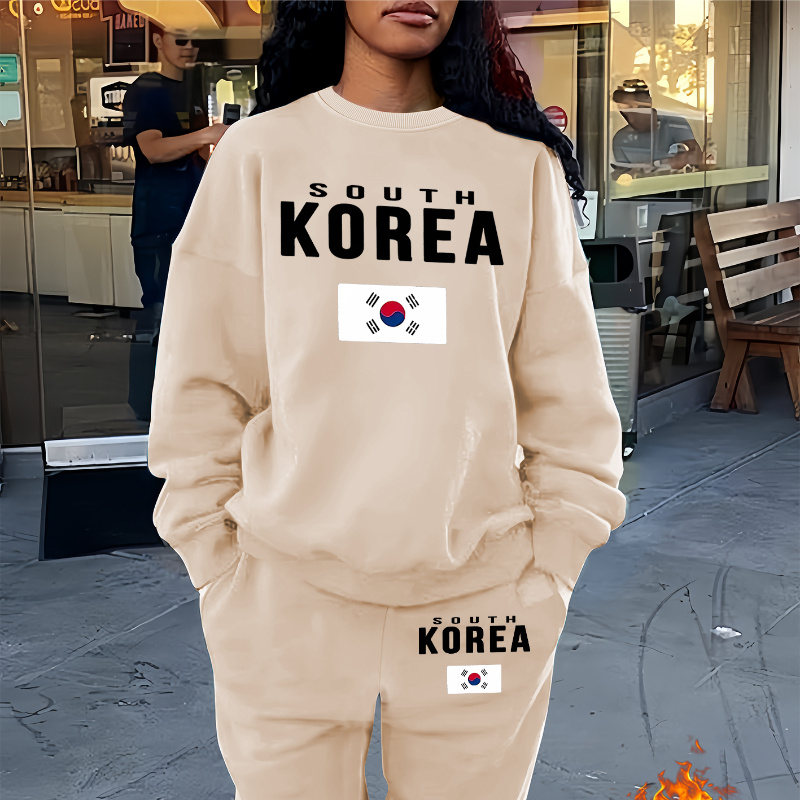 

Women's Casual Flag Print Two-piece Set: Crew Neck Sweatshirt & Pants - Machine Washable, Polyester