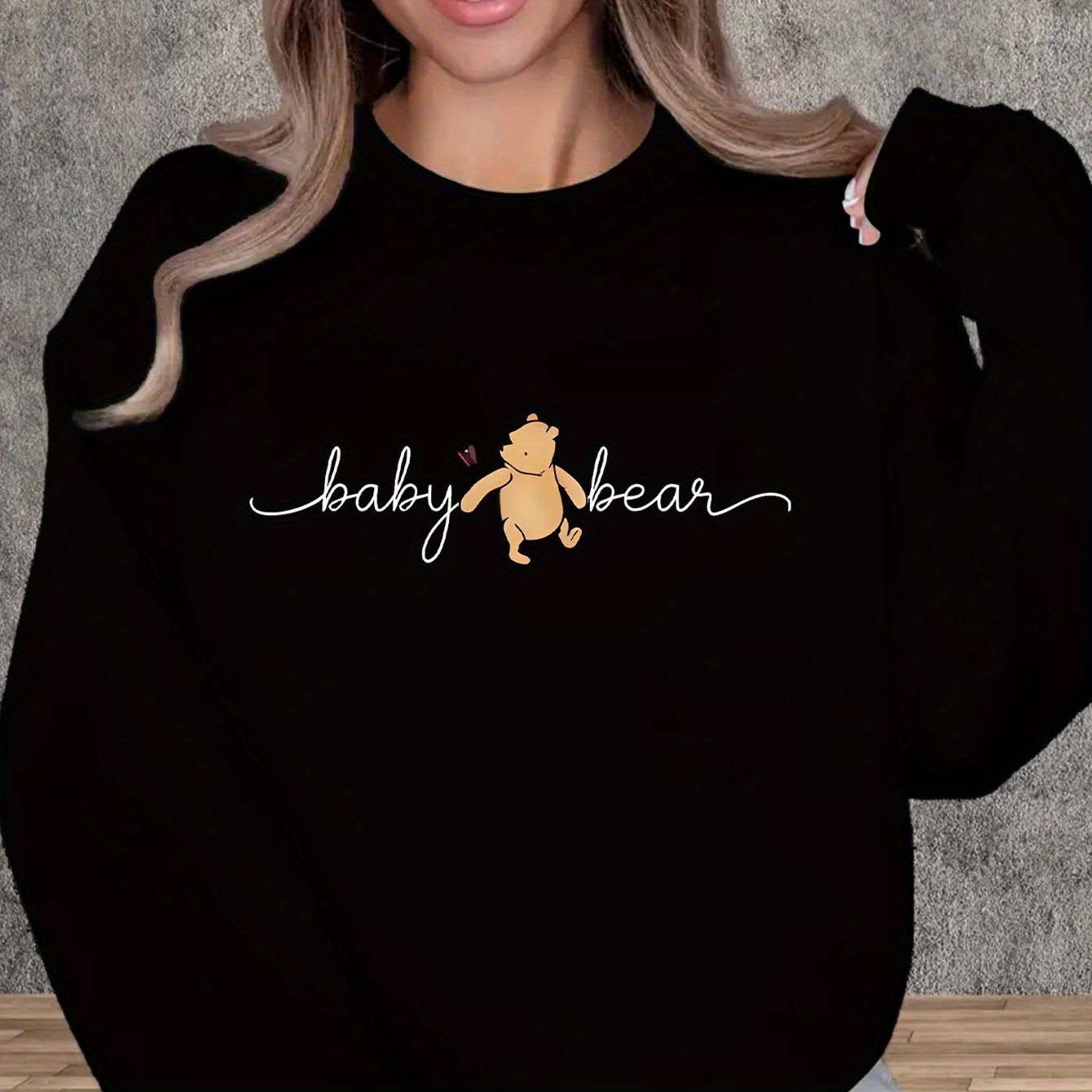 

Round Neck Pullover Sweatshirt, Fashion Elegant Style, Cartoon Bear Graphic Ladies Casual Sports Long Sleeve Plush Lined Sweatshirt