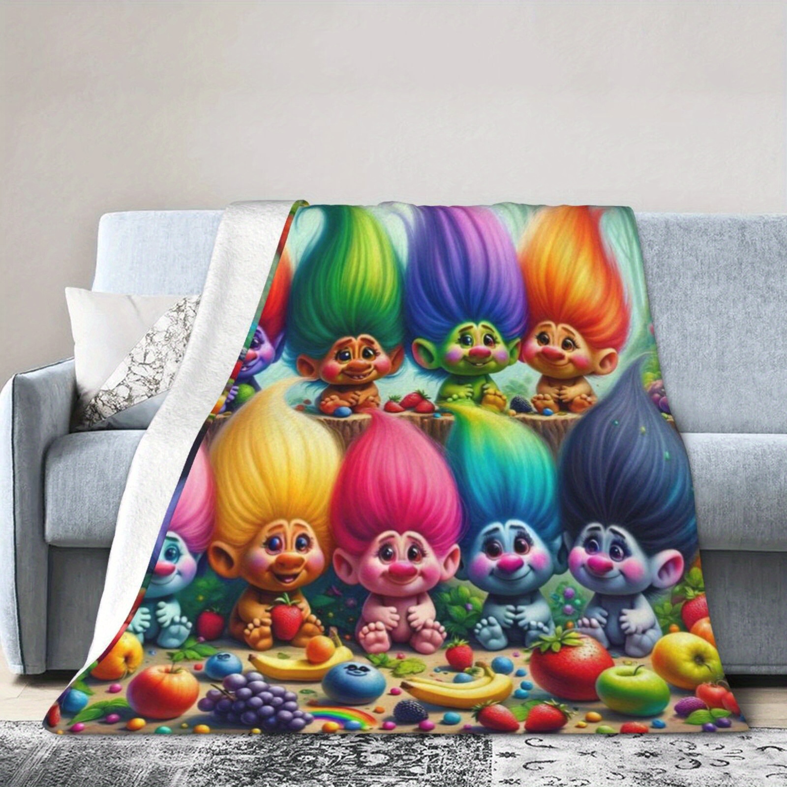 

Colorful Troll Cartoon Flannel Throw Blanket - Digital Print Polyester Cozy All-season Blanket For Living Room, Office, Sofa Decor, Versatile Travel Blanket, Non-woven Glam Style Home Decor Accessory