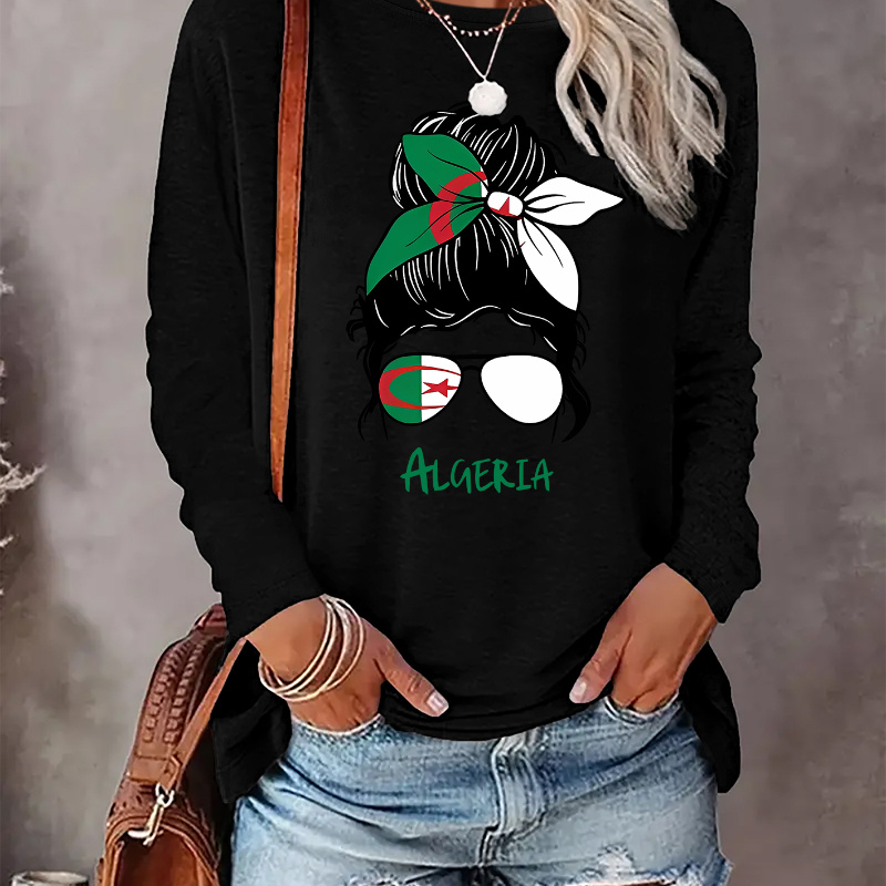 

Women's Casual Crew Neck Long Sleeve T-shirts With Algeria-inspired Graphic Design, 100% Polyester Knit Fabric, Lightweight And Breathable Tops For All