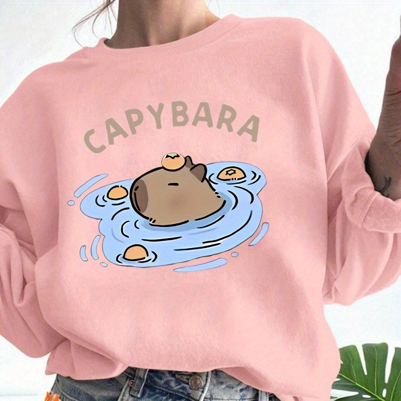 

Women's Casual Capybara Graphic Crew Neck Sweatshirt - 100% Polyester Knit Fabric - Comfort - Stretch Pullover - Animal Print Long Sleeve