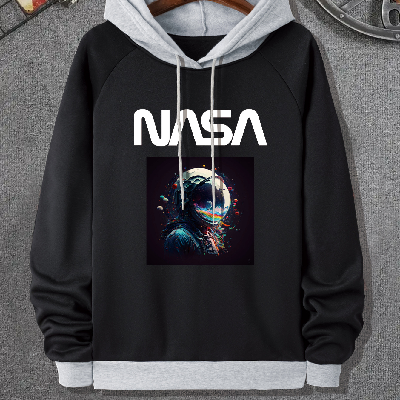 

Plus Size Nasa Graphic Hoodies For Men - Casual Knit Pullover With Astronaut Print, Regular Fit Polyester Hooded Sweatshirt With Slight Stretch