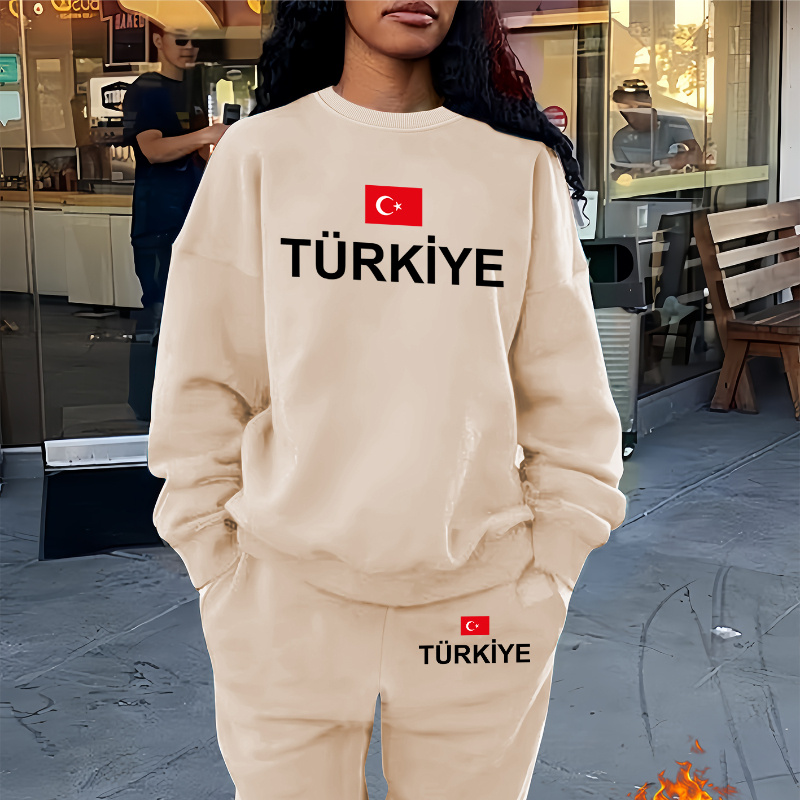 

Women's Casual Scoop Neck Knit Tracksuit With Turkey Emblem - 100% Polyester Cozy Loungewear Set For - Simple Without Extra Details