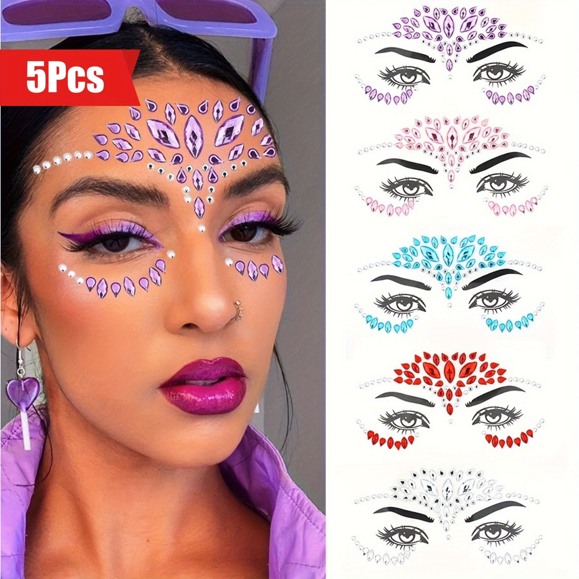 

5-pack Sparkling - Rhinestone Temp Tattoos For Diy Makeup, Festival, Party & Performance - Easy Application, Reusable, Long- Adhesive Face Jewels