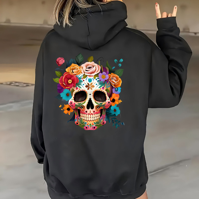 

Women's Casual Hooded Zip-up Sweatshirt With Geometric Skull Pattern, 100% Polyester Knit Fabric, All-season Comfort - Hoodie With Drawstring