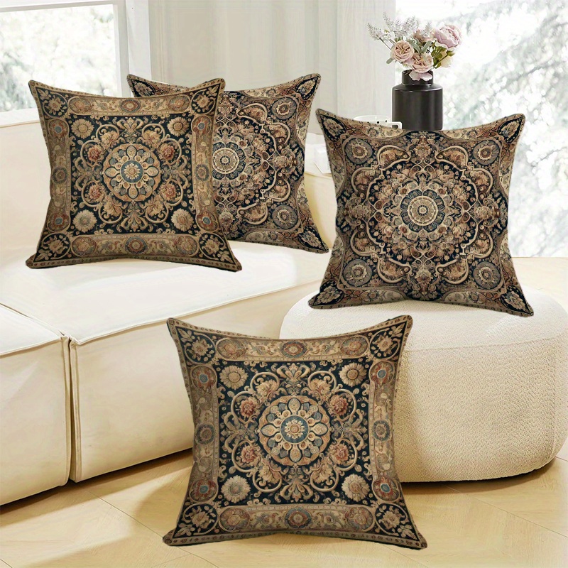 

Vintage Style Woven Throw Cushion Covers Set Of 4, Polyester 100% With Zipper Closure, Abstract Geometric Design, Machine Washable For Various Room Types - Mixed Color Patterns