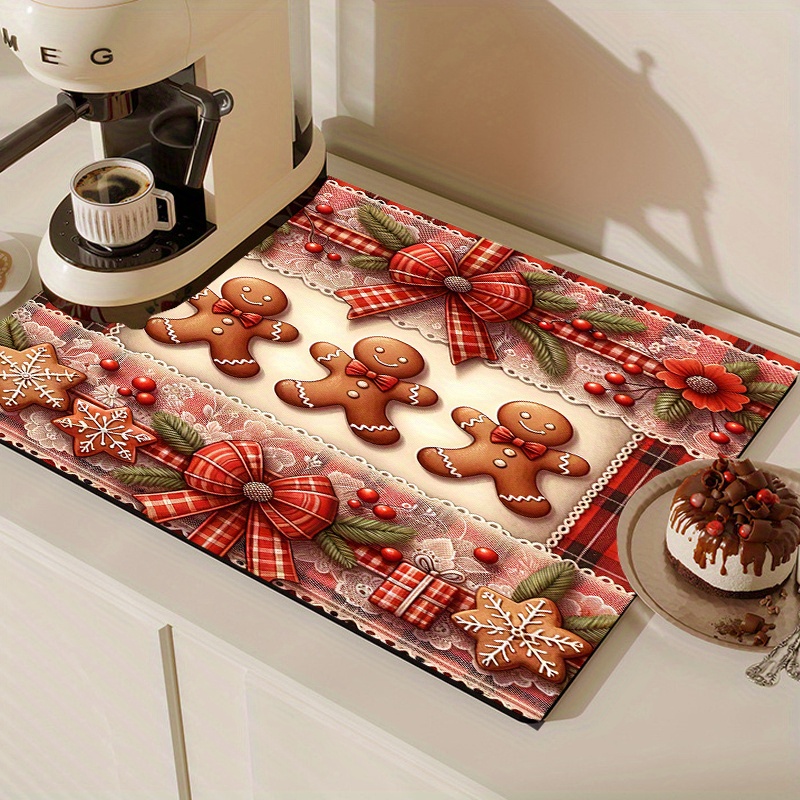 

1pc Christmas Gingerbread Placemat, Polyester Drying Mat For Coffee Machine, Dishwasher, Water Cooler, Nightstand, Kitchen Fridge Stove, Non-slip Absorbent Multi-functional Tableware Drying Pad